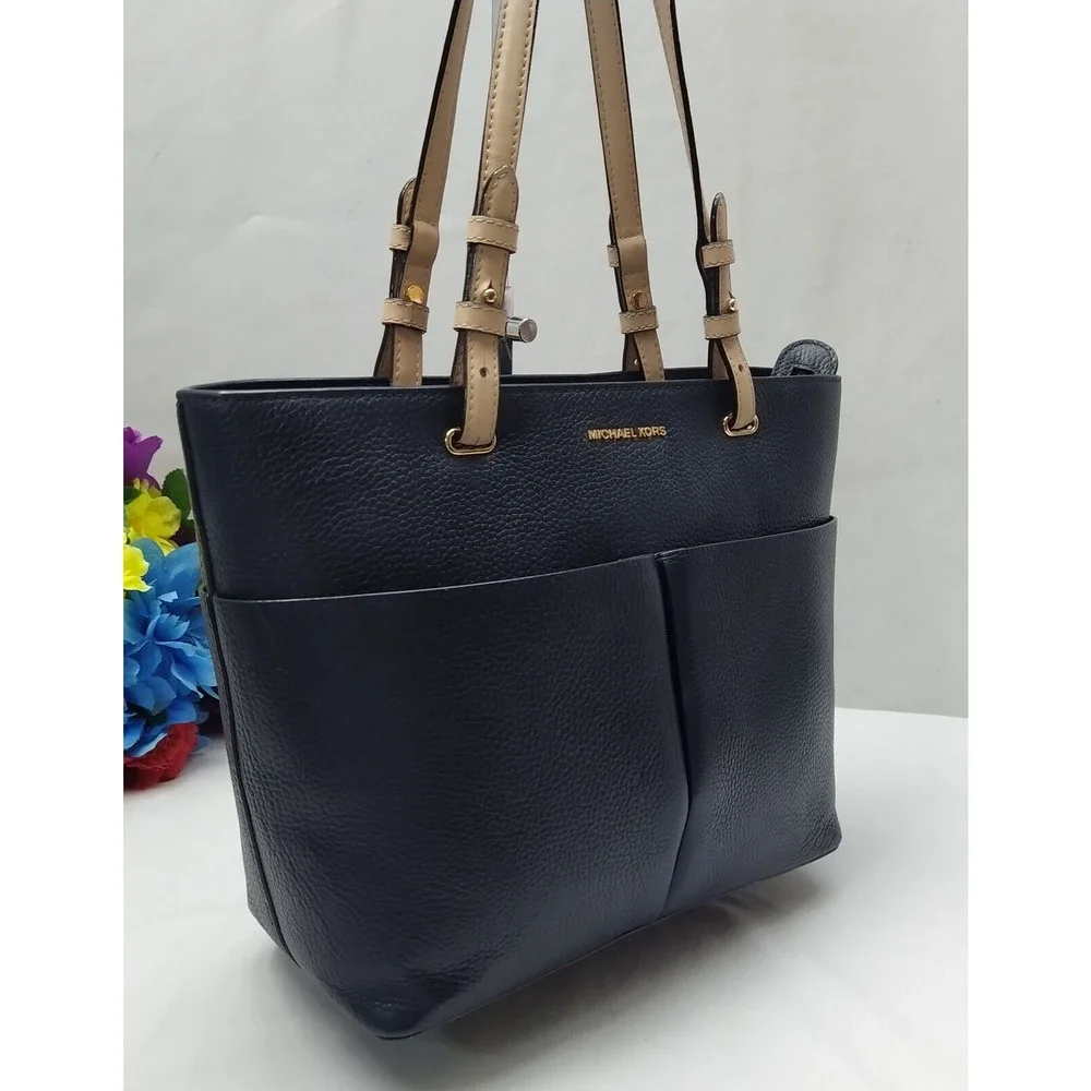 Michael Kors Bedford Midnight Blue Pebbled Leather Pocket Tote Bag - Picture 3 of 16